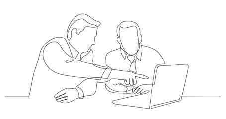 two business partners discussing presentation on laptop screen - one line drawing