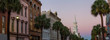 Beautiful panoramic view on the uban streets in Downtown Charleston, South Carolina, United States. Taken during a vibrant sunrise.