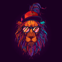 Original Vector Illustration In Neon Style. A Lion With Glasses And A Cap. Design For T-shirt Or Sticker