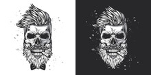 Skull Hipster With A Beard And A Mustache With A Cigar In His Mouth. Monochrome Vector Illustration On White And Dark Background.