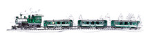 An Old Green Steam Train And Three Cars Under Falling Snow In A Snowy Forest. Drawing A Ballpoint Pen And Felt-tip Pen