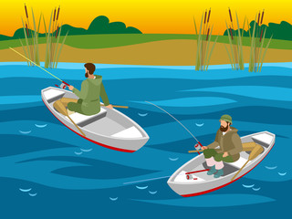 Wall Mural - Fishers In Boats Isometric Illustration