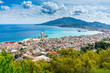 Greece, Zakynthos, Stunning view over harbor and houses of zakynthos city from above