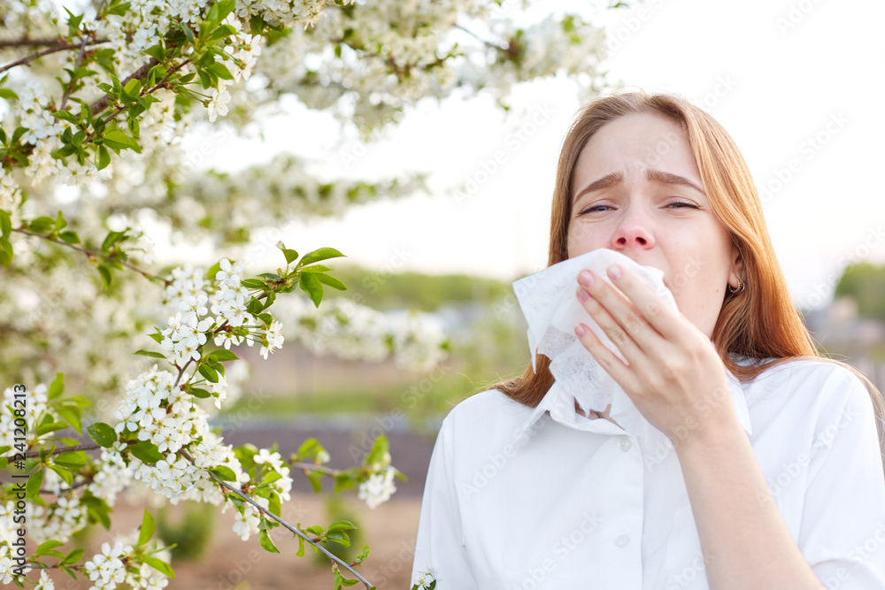 Outdoor shot of displeased Caucasian woman feels allergy, holds white tissuue, stands near tree with blossom, feels unwell, sneezes all time. People and health problems. Spring time. Blooming - obrazy, fototapety, plakaty 