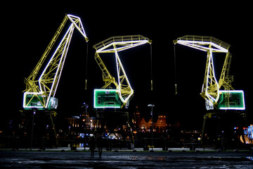 Highlighted cranes in Szczecin, a city monument. Highlighted cranes in Szczecin, a city monument.