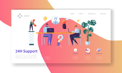 Wall Mural - technical support customer help service landing page. online assistant character at laptop in headse