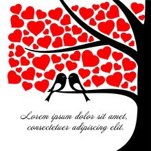 Silhouette Couple Lovely Birds On The Tree And Red Heart Leaves Valentine's Day Or Wedding Theme Background