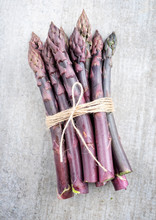 Row Lilac Asparagus As Close-up On Gray Background With Copy Space