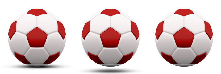 Wall Mural - red and white soccer ball in three versions, with and without shadow. Isolated on white. 3d render.