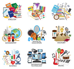 education subject icon set - english, art, math, geography, physical education, history, science, in