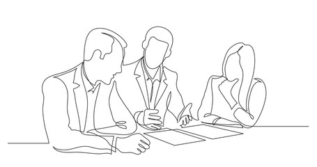 Wall Mural - business partners discussing details of work contract - one line drawing