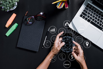 Business woman hand using smart phone with digital marketing via multi-channel communication network on mobile application technology. Top view, Flat lay.
