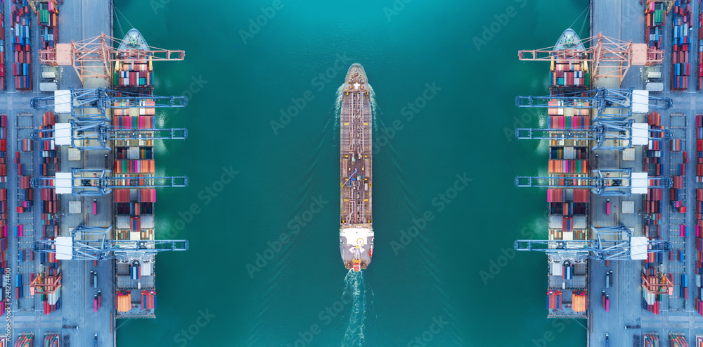 Aerial view panoramic oil tanker moving pass sea port warehouse and container ship or crane ship working for delivery containers shipment. - obrazy, fototapety, plakaty 