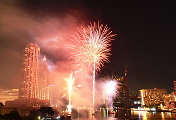 new year celebration fireworks on Cho Phraya river in Thailand