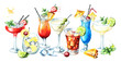 Cocktail party. Cocktails banner. Watercolor hand drawn illustration,  isolated on white background