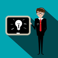 Poster - Man with Bulb on Blackboard. Teacher or Businessman Vector Flat Design Illustration. Idea Concept.