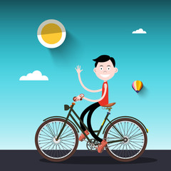 Poster - Man on Bike. Sunny Day with Boy on Bicycle Vector Illustration.