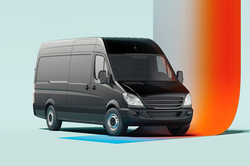 Black blank truck on illuminated multicoloured background. 3d rendering.