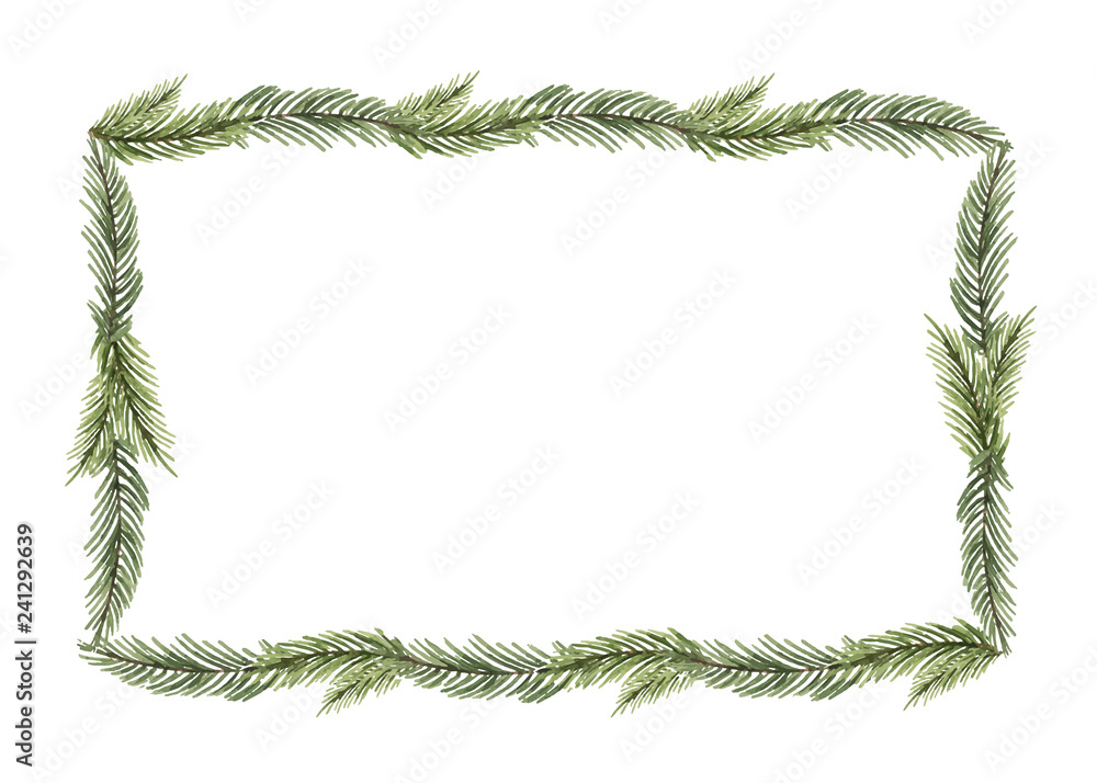 Watercolor vector Christmas frame with a red bow and fir branches ...