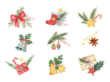 Watercolor Vector Set With Christmas Elements Isolated On White Background.