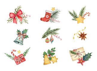 Wall Mural - watercolor vector set with christmas elements isolated on white background.