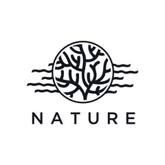 Vector logo of seaweed elements. Round emblem in minimal linear style - design of natural products, flower shop, cosmetics, ecology concept, health, spa, raw food package. - Vector