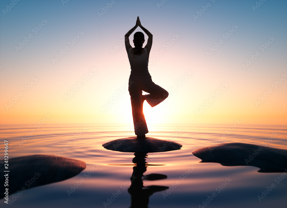 Yoga - Sonnenuntergang am Meer - obrazy, fototapety, plakaty 
