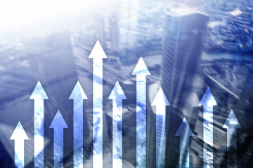 Up arrow graph on skyscraper background. Invesment and financial growth concept.