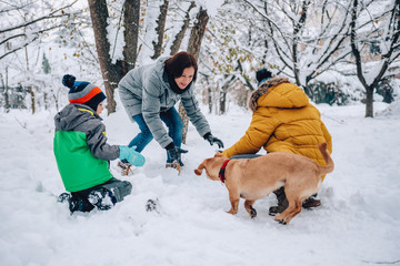 Wall Mural - Family with a dog playing in the snow