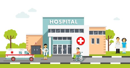 Medical concept with hospital building and doctor in flat style. Panoramic background with hospital building, doctors, nurses, disabled man in wheelchair and ambulance car in flat style