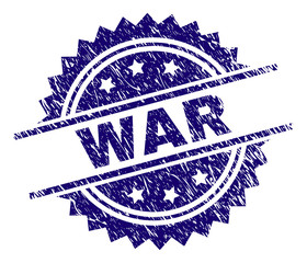 WAR stamp seal watermark with distress style. Blue vector rubber print of WAR title with scratched texture.