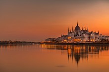 Sunrise With Parliament And Water Reflection In The Danube, Budapest, Hungary, Europe