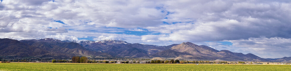 Wall Mural - Panoramic Landscape view from Kamas and Samak off Utah Highway 150, view of backside of Mount Timpanogos near Jordanelle Reservoir in the Wasatch back Rocky Mountains, and Cloudscape. America.