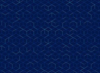 Abstract cube pattern on dark blue background. Digital geometric lines square mesh.