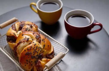 Wall Mural - Cups of Black coffee with danish bread