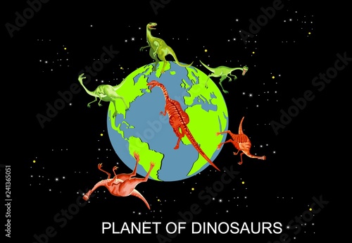 Fotografie, Obraz Dinosaurs on earth globe vector colored concept illustration