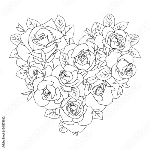 Heart bouquet of roses coloring page Stock Vector | Adobe Stock