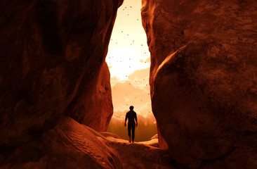 man walking to the light and exit the cave,3d illustration