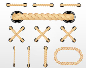 Nautical rope. Round and square rope frames, cord borders. Sailing vector decoration elements. Rope marine, nautical border, cord round, string knot twisted illustration