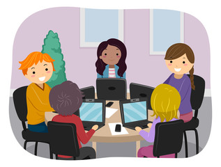 Wall Mural - Stickman Teens Group Study Laptop Illustration