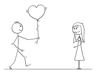 Poster - Cartoon stick drawing conceptual illustration of loving man or boy in love giving heart shaped balloon to woman or girl on date as gift or present.