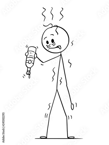 Fotografija Cartoon stick drawing conceptual illustration of thirsty man whose alcohol bottle is empty and he wants to drink