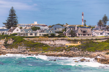 Wall Mural - Rocky ocean coast of town of Hermanus, South Africa