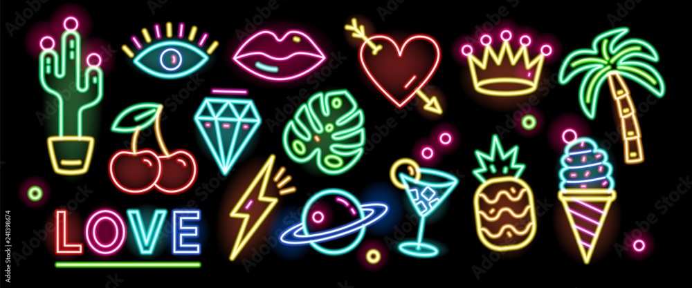 Bundle of symbols, signs or signboards glowing with colorful neon light isolated on black background. Collection of trendy design elements or decorations. Bright colored vector illustration. - obrazy, fototapety, plakaty 