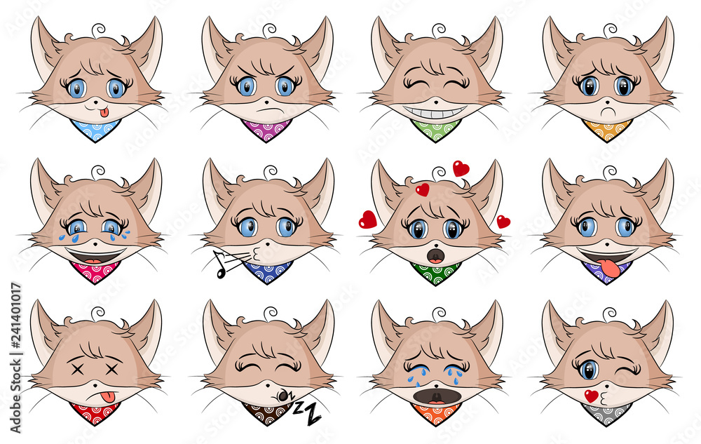 Set of cute cat with different emotions. Character cartoon kitten face ...