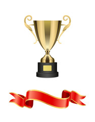 Wall Mural - gold trophy cup with red ribbon vector decoration