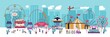 Amusement park with various attractions, circus, ferris wheel, carousel, roller coaster, kiosks with candies and ice cream. City area for recreation and entertainment. Flat vector illustration.