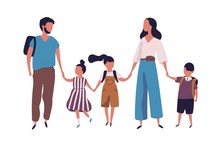 Mother And Father Leading Their Children To School. Portrait Of Modern Family Walking Together. Parents And Kids Holding Hands Isolated On White Background. Colorful Vector Illustration In Flat Style.