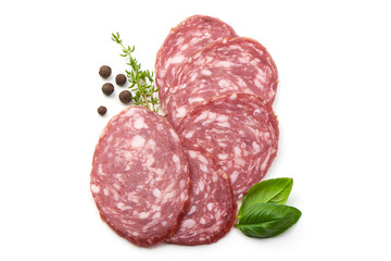 Canvas Print - Thinly Sliced Salami with basil and pepper, isolated on a white background. Close-up