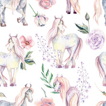 Magic Pony Seamless Pattern. Watercolor Illustration, Beautiful 